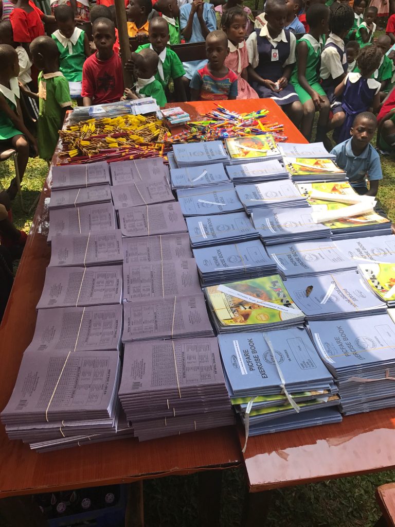 Books, pens, and pencils ready for distributing to school kids